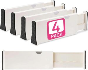 4 Adjustable Drawer Dividers, Organize Silverware and Utensils in Home Kitchen, Divider for Clothes in Bedroom Dresser, Designed to Not Snag Underwear and Bra Fabrics, Bathroom Storage Organizers