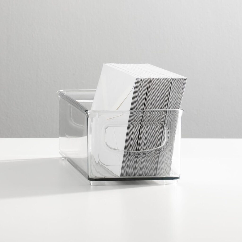 mDesign Small Plastic Office Storage Container Bins with Handles for Organization in Filing Cabinet, Closet Shelf, or Desk Drawers, Organizer for Notes, Pens, Pencils, Ligne Collection, 6 Pack - Clear