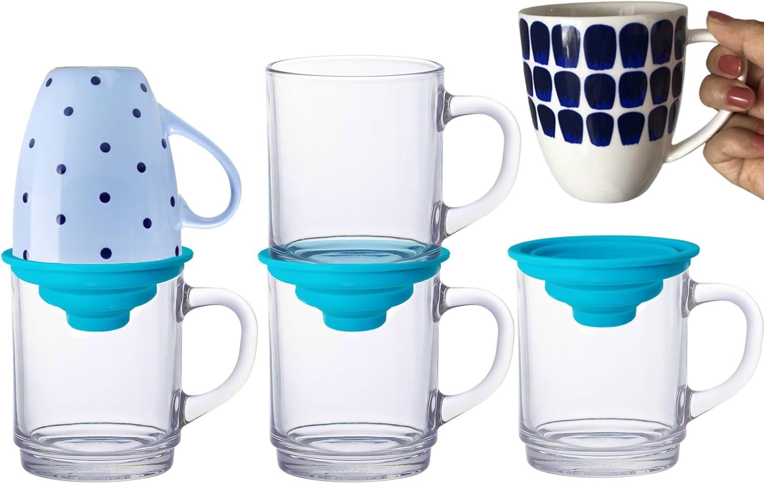 Mug Stacker Kitchen Cabinet Shelf Organizer - Cupboard and Pantry Organization - Expandable and Stackable Storage Solution for Tea Cups and Coffee Mugs - Save Space and Stay Organized (3Pcs Blue)