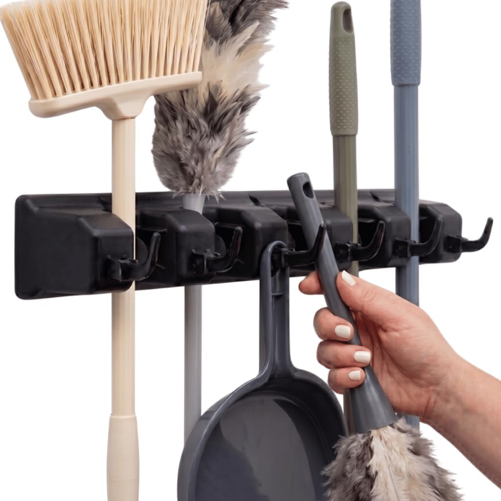 Broom Holder Wall Mount, Mop and Broom Organizer  Wall Mounted Broom Rack & Mop Rack, Rack for Brooms and Mops | Broom Hanger Wall Mount with 5 Slots & 6 Hooks, Kitchen Garage Laundry Garden