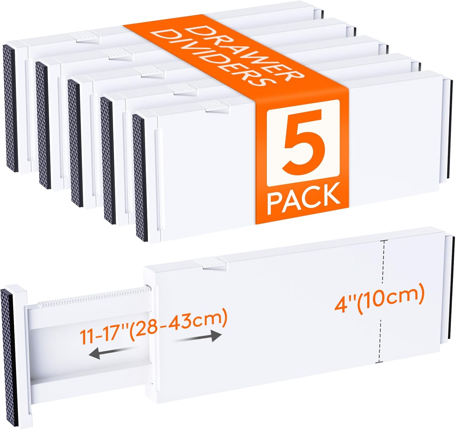 Lifewit 5 Pack 4" High Drawer Dividers 28-43.5cm/11-17" Adjustable Drawer Organizer for Clothes/Utensils, Expandable Drawer Separator in Dresser/Kitchen/Bedroom/Office Organization & Storage White