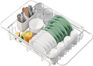 Kitsure Dish Drying Rack for Kitchen Counter, Stainless Steel Sink Organization and Storage Essentials with Cutlery Holder, Home and Appartment Decor, 12.2''W x 15.7''~23''L, White