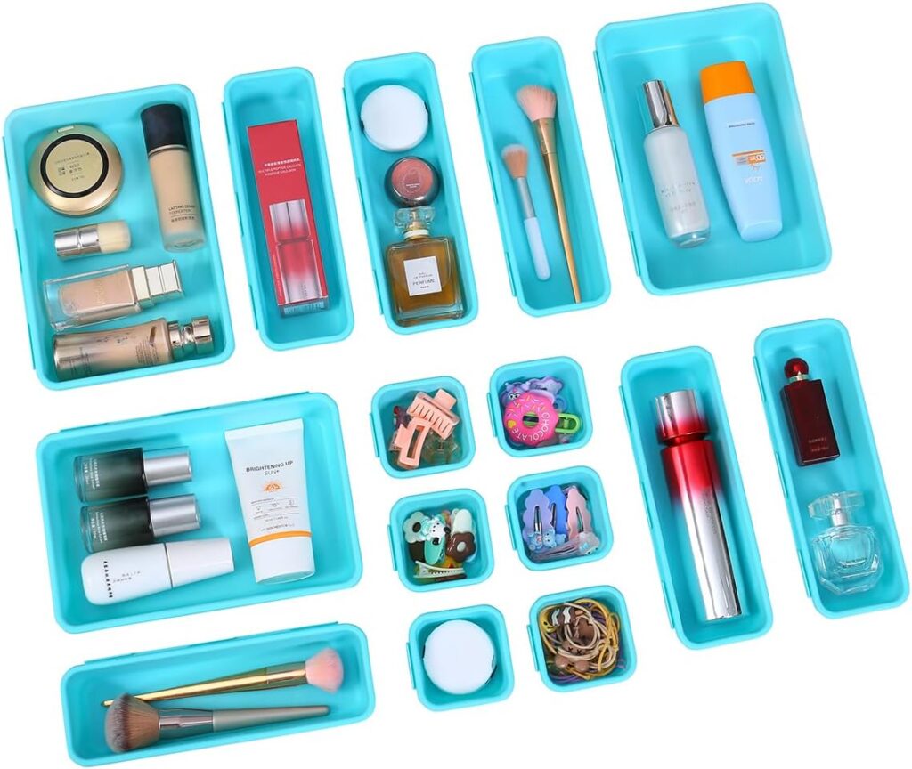 Kutesna 15 PCS Interlocking Desk Drawer Organizer Separator for Office,Bathroom,Kitchen,MakeupBlue&Green