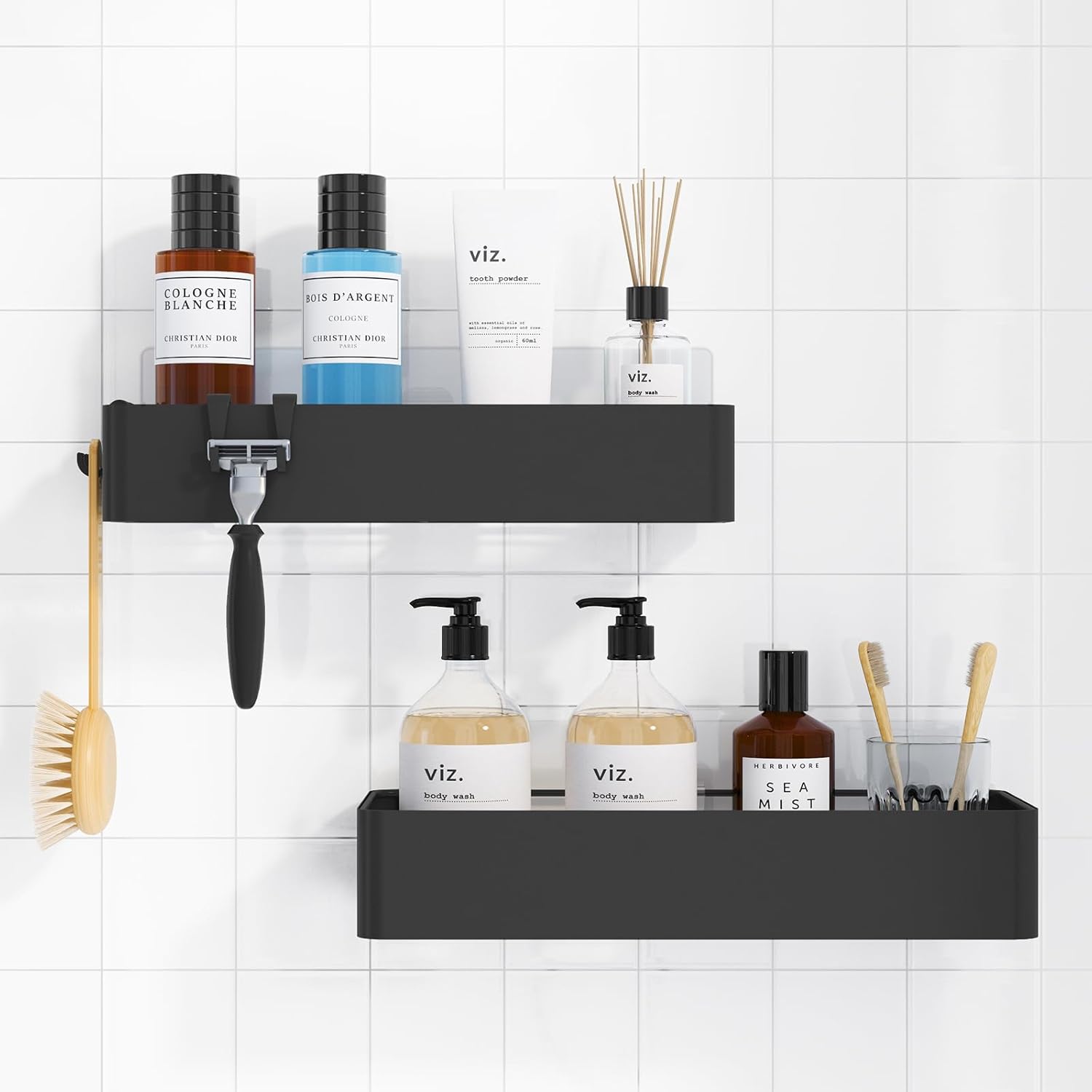 Kitsure Shower Caddy - 2 Pack Adhesive Shower Organizer, Rustproof Metal Shelves, No-Drill Bathroom Organizers and Storage, Black, Large