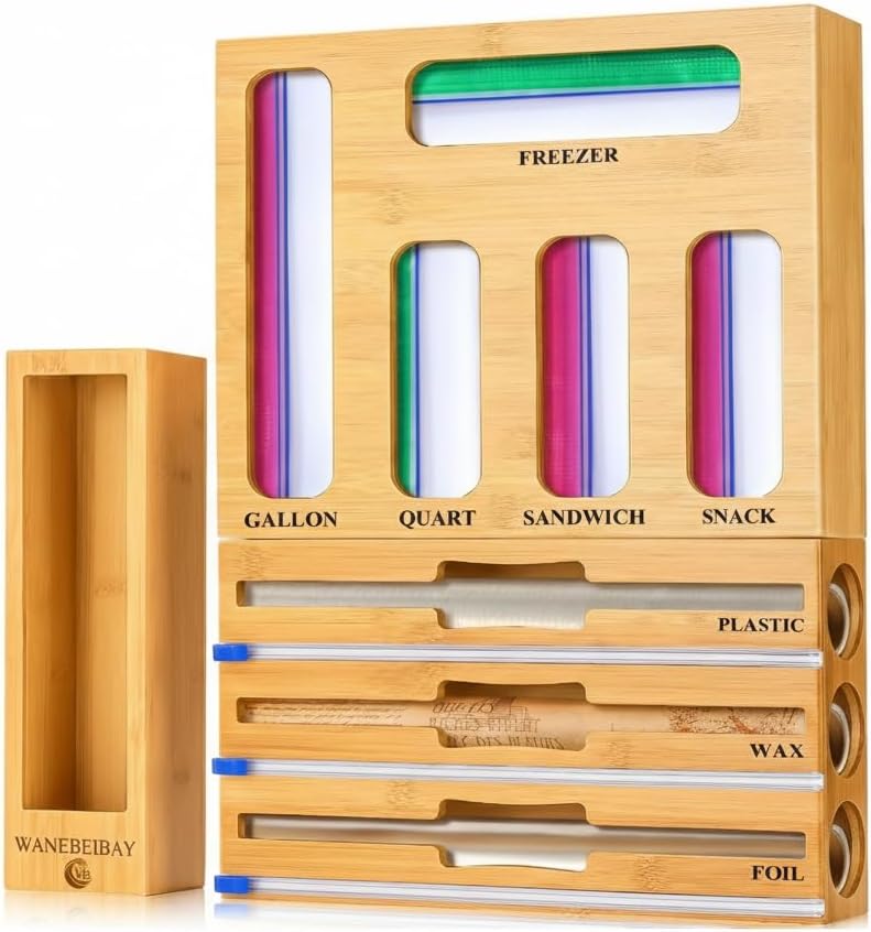 9-in-1 bamboo storage bag rack with cutter, suitable for kitchen drawer and wall storage, compatible with gallons, quarts, aluminum foil and cling film, sandwich, snack Bags