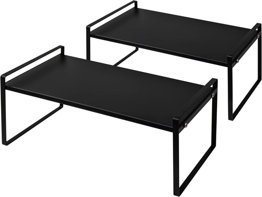 Nxconsu 2Pack Cabinet Shelves Stackable Shelf Organizer Rack Riser for Kitchen Cabinet Pantry Cupboard Counter Countertop Home Organization Storage Space Saver Heavy Duty Metal Nonslip Black