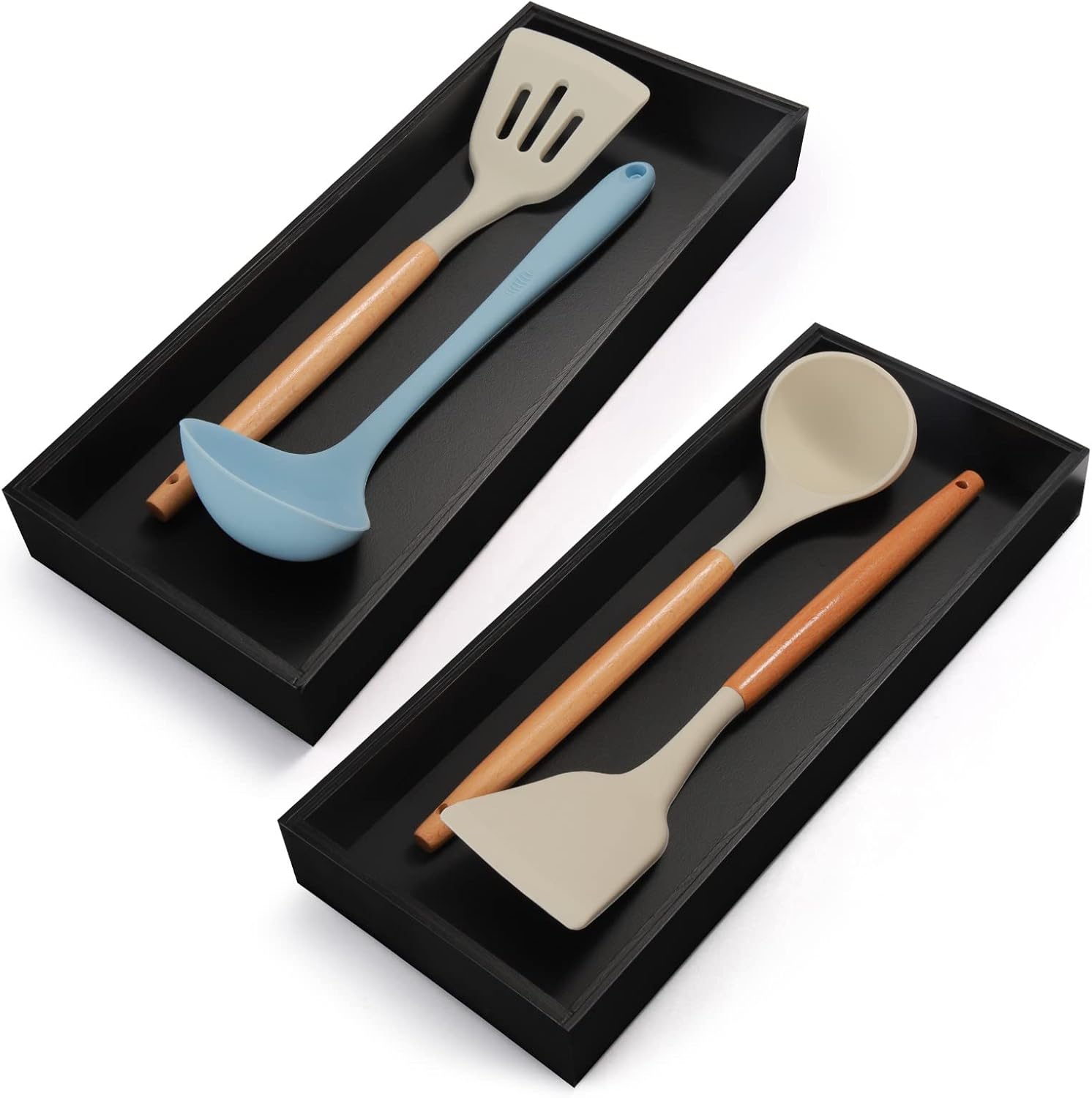 Lixple Bamboo Kitchen Drawer Organizer - Set of 2, Stackable Utensil Organizers, Wooden Storage Box Tray for Cabinet, Pantry, Bathroom Countertop, Multi-use Organization and Storage (Black)