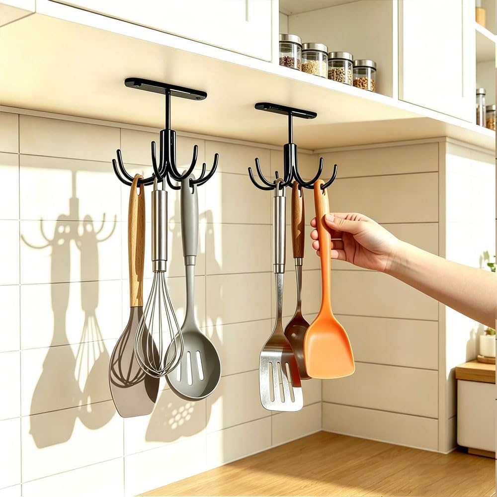 Metal Under Cabinet Kitchen Utensil Hooks,360 Rotating Kitchen Utensil Rack with 8 Hooks,Drilling Free Adhesive Utensils Hanging Rack for Tools/Towel/Knife (Black)