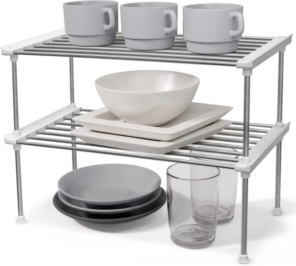 carrotez Cabinet Organizer Shelf, Set of 2 Stackable Kitchen Counter Shelves, Kitchen Cabinet Organizers and Storage, Pantry Storage Shelf Organizer, 15.7 x 7.8 x 6.1 - White