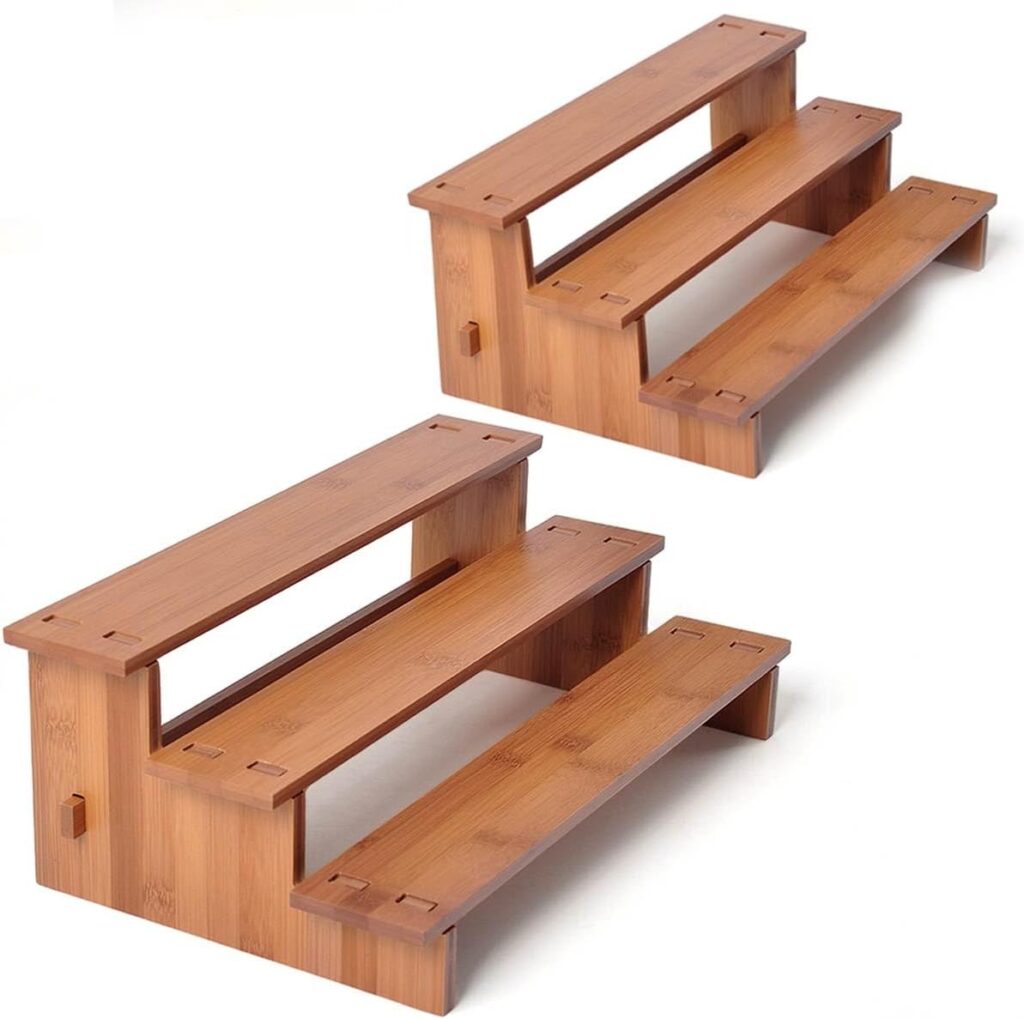 JinDoWin Cabinet Spice Organizer, Spice Organization for Cabinet, 3 Tier Spice Rack Organizer for Cabinet, Seasoning Organizer & Seasoning Rack, Kitchen Cabinet Organizer (2, Dark Bamboo)