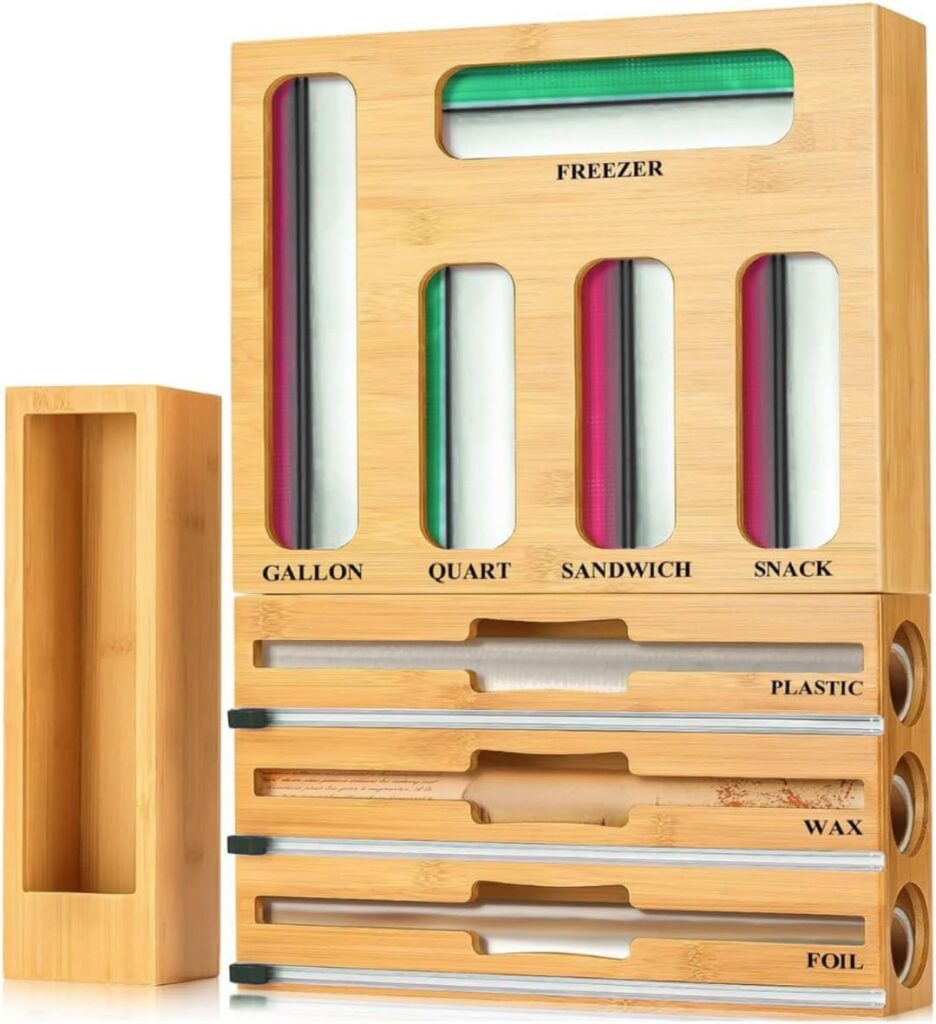 9 in 1 Storage Bag Organizer for Kitchen Drawer, Bamboo Foil and Plastic Wrap with Cutter, Ziplock Bag Organizer for Quart, Gallon, Sandwich & Snack Bags - Aluminum Foil Organizer