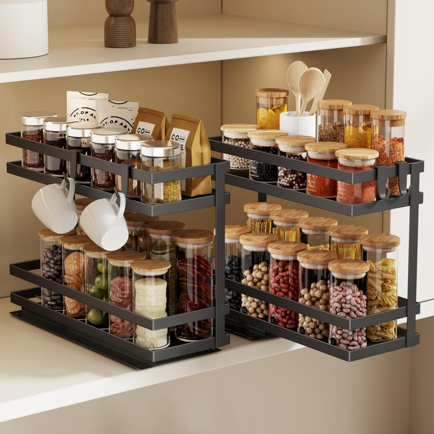 Magheo Pull Out Spice Rack Organizer for Cabinet, 2 Pack Metal Seasoning Organizer Slide Out Spice Storage Shelf No Assembly Vertical Spice Rack Pullout for Kitchen & Bahthroom No Drill(2 Tier,Black)