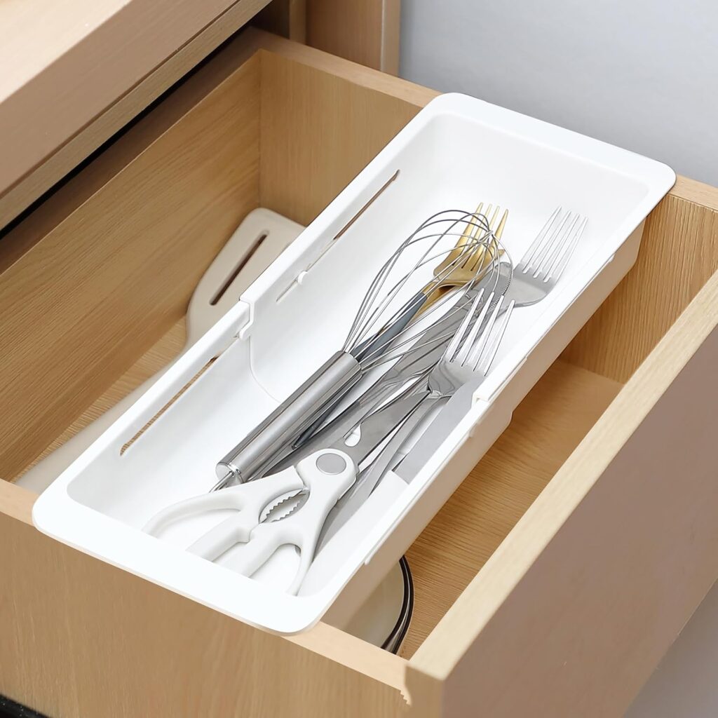 2 Pack Deep Drawer Organizer Bins, Sliding Drawer Organizer Bin Expandable and Adjustable Tray for Kitchen Utensils, BBQ Tools, Towels, Durable Plastic Sliding for Easy Storage(12.4-17.7)