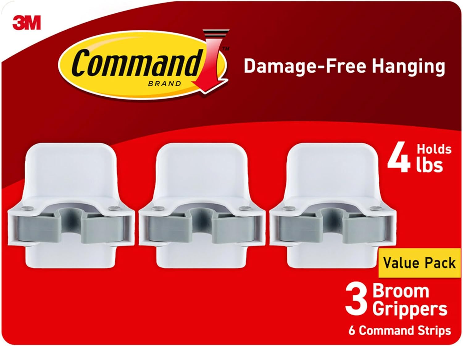 Command Broom Grippers, 3 Hangers and 6 Strips, Damage-Free Mop and Broom Holder Wall Mount, Household Cleaning Tool Organizer for Kitchen, Laundry Room, Closet, Holds up to 4 lb