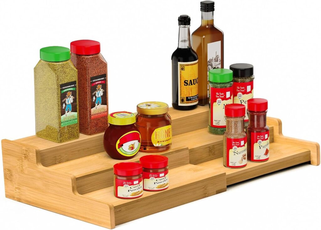 VenDotbi Spice Rack, 3-Tier Expandable Bamboo Spice Rack Organizer for Cabinet - Kitchen, Pantry and Cupboard Storage Organizer