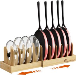 Housolution Bamboo Pot and Pan Organizer for Cabinet, 15"-29" Expandable Pot Lid Organizer with 10 Adjustable Dividers, Pan Holder Storage Rack with Solid Bamboo Wooden Base