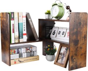 PAG Desk Organizer Desktop Shelf Adjustable Countertop Bookshelf Small Table Shelves Book Organizer Office Organization for Desk, Antique Brown