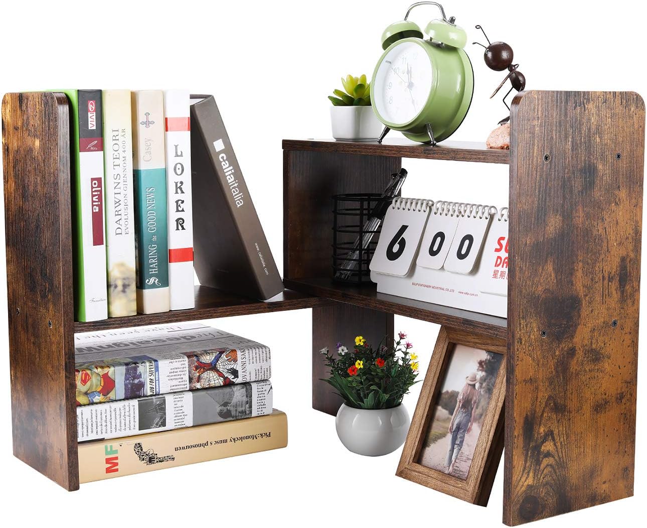PAG Desk Organizer Desktop Shelf Adjustable Countertop Bookshelf Small Table Shelves Book Organizer Office Organization for Desk, Antique Brown