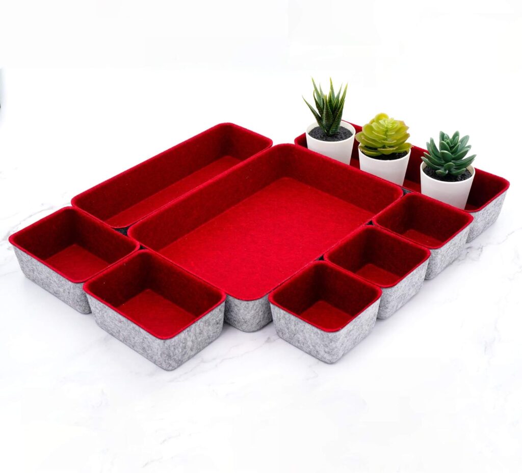 Welaxy Desk Drawer organizers tray Felt storage bins office Sleek Minimalist Lifestyle chic aesthetics room dcor for dorm closet decluttering 8-piece (Burgundy)