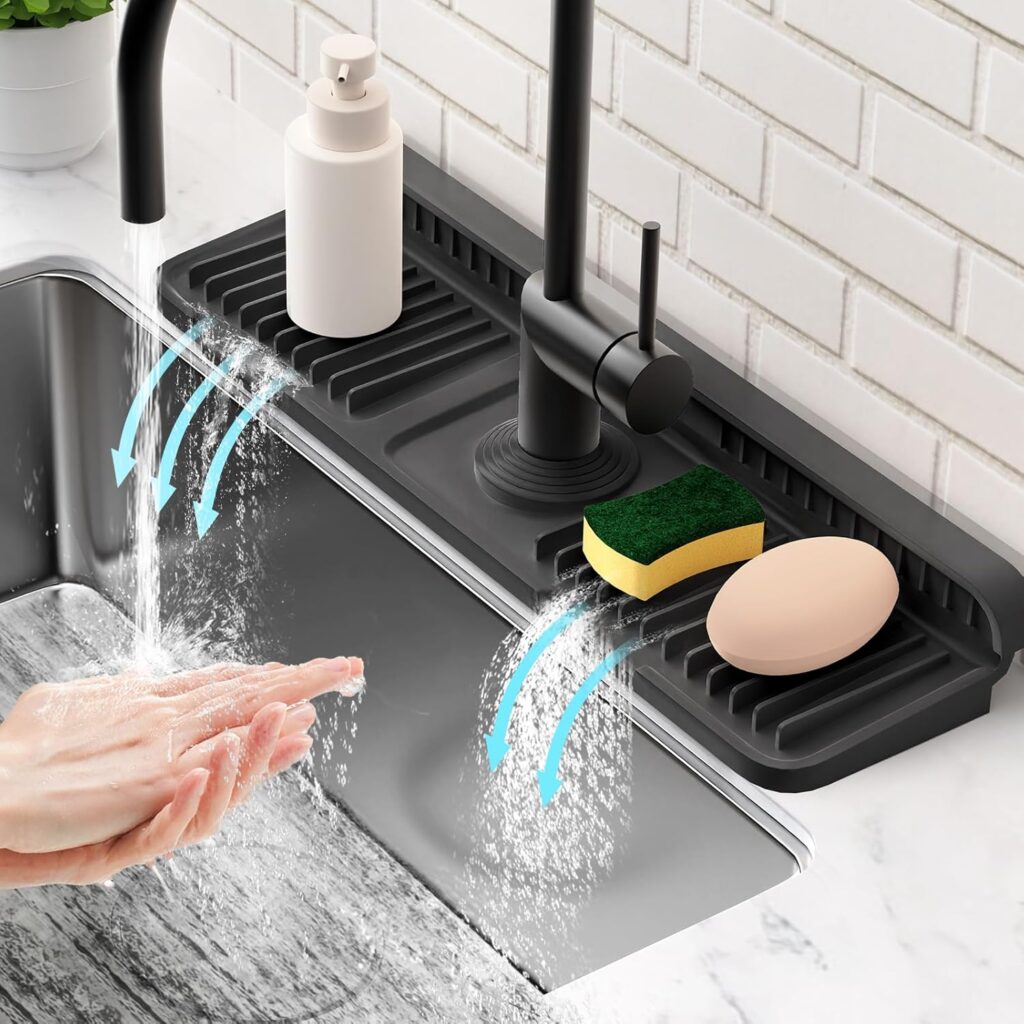 17.7'' Folding Faucet Mat for Kitchen Sink Splash Guard[7 Slope Fast Self-draining][Snap Lock Fit] Kitchen Sink Faucet Mat Splash Guard Kitchen Sink Area Water Splash Guard Behind Faucet Draining Mat