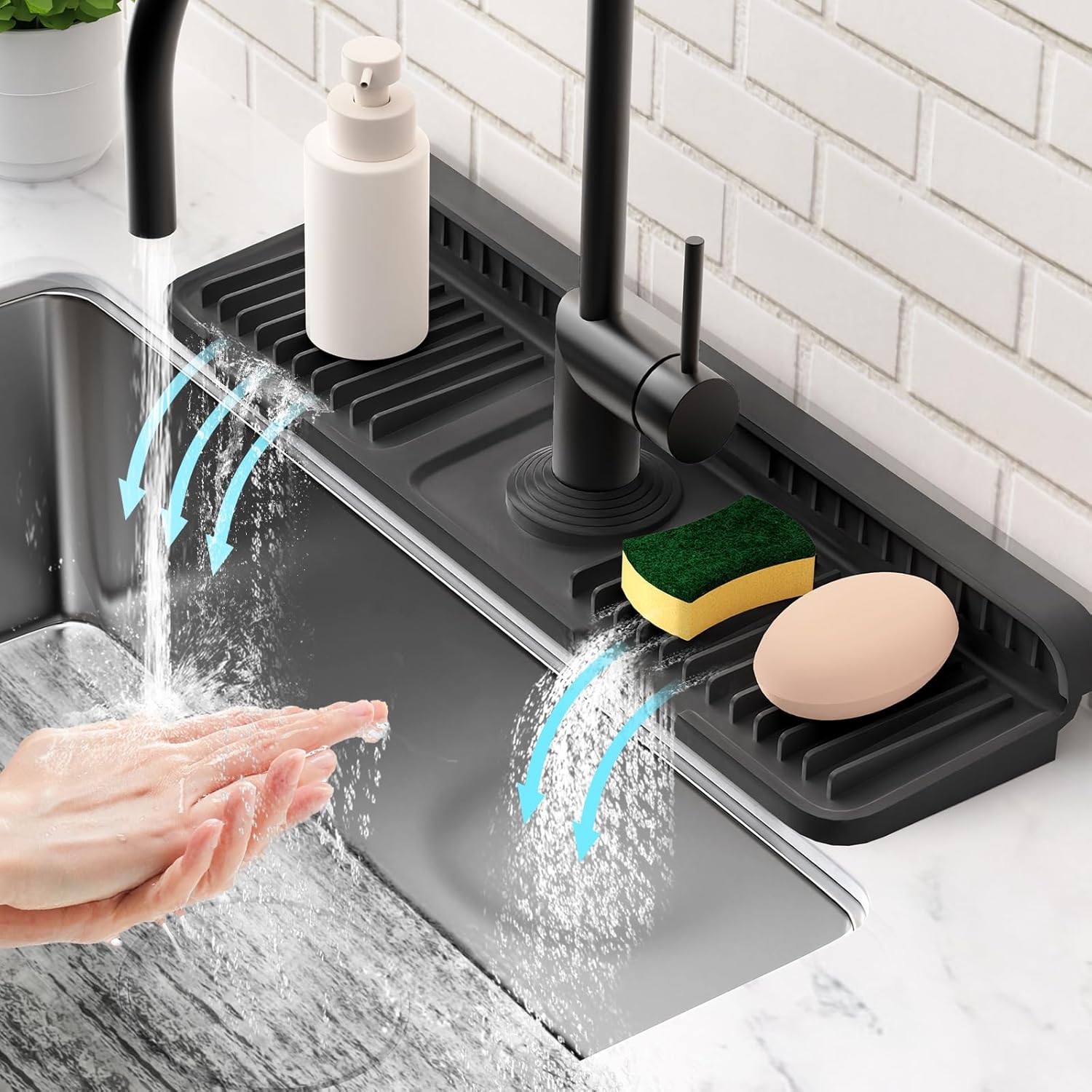17.7'' Folding Faucet Mat for Kitchen Sink Splash Guard[7 Slope Fast Self-draining][Snap Lock Fit] Kitchen Sink Faucet Mat Splash Guard Kitchen Sink Area Water Splash Guard Behind Faucet Draining Mat