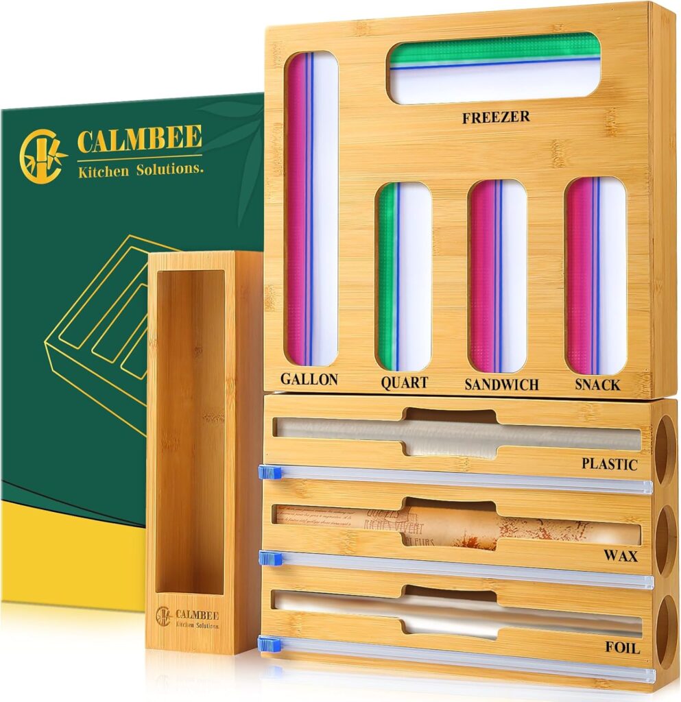 Calmbee 9 in 1 Bamboo Storage Bag Organizer for Kitchen Drawer  Plastic Wrap Dispenser with Cutter & Foil Organizer, Wooden Baggie Organizer for Sandwich, Snack, Gallon, Quart Sizes, Natural