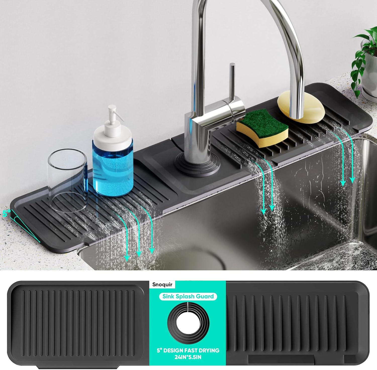 24 Inch Longer Faucet Mat for Kitchen Sink, 5 Slope Fast Self-draining, Kitchen Sink Splash Guard Silicone Sink Faucet Mat Splash Guard Kitchen Sink Area Tidy Splash Faucet Guard Draining Mat