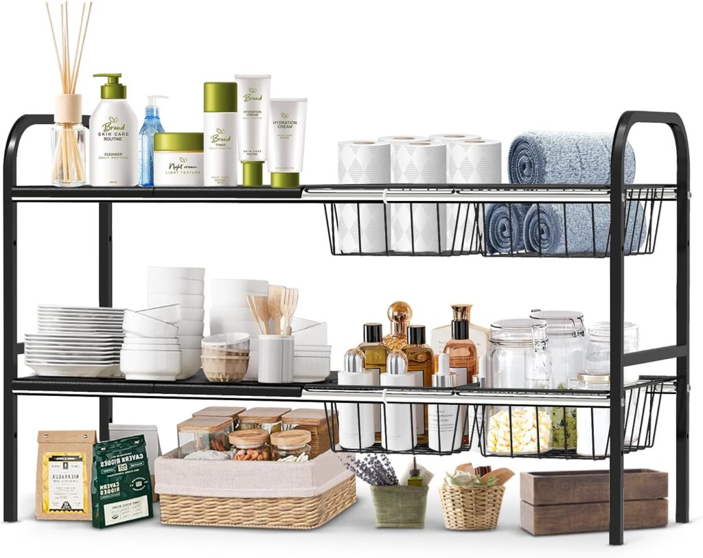 Expandable 2-Tier Under Sink Organizer, 8 Removable Plastic Boards, Tool-Free Installation (Black, 2-Tier 4 Boards and 4 Baskets)