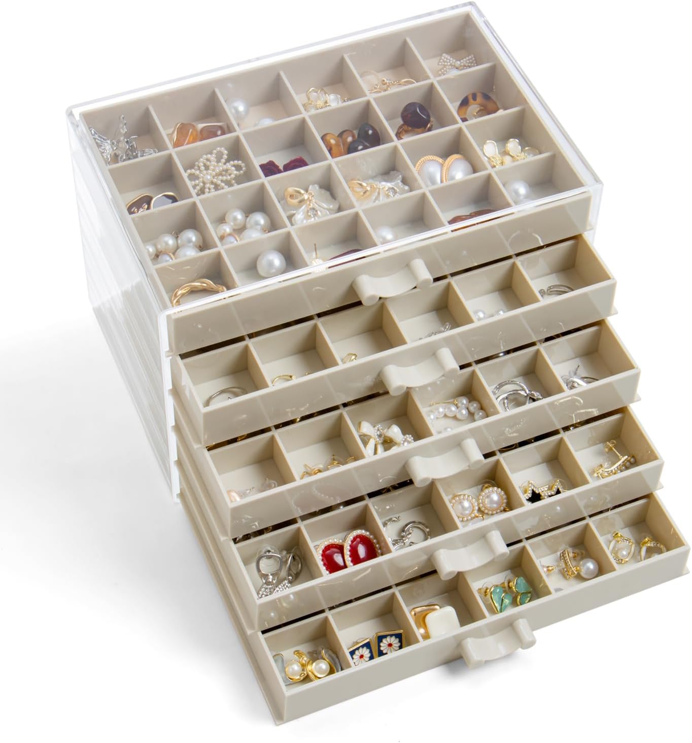 YUFONG Earring Storage Box Organizer, Acrylic Jewelry Storage Box Holder 5 Drawers Transparent Jewelry Display Stand with 120 Small Compartments Gift Boxes for Women Girls (Beige)