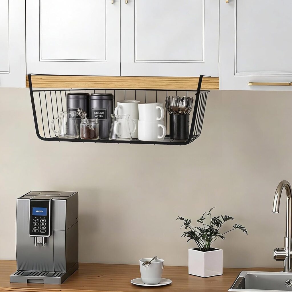 Under Shelf Basket Undershelf Storage Basket Pantry Shelf Organizer Metal Under Cabinet Shelf Hanging Storage Bin Slides Cabinet Shelves for Kitchen Pantry Storage Space Saving