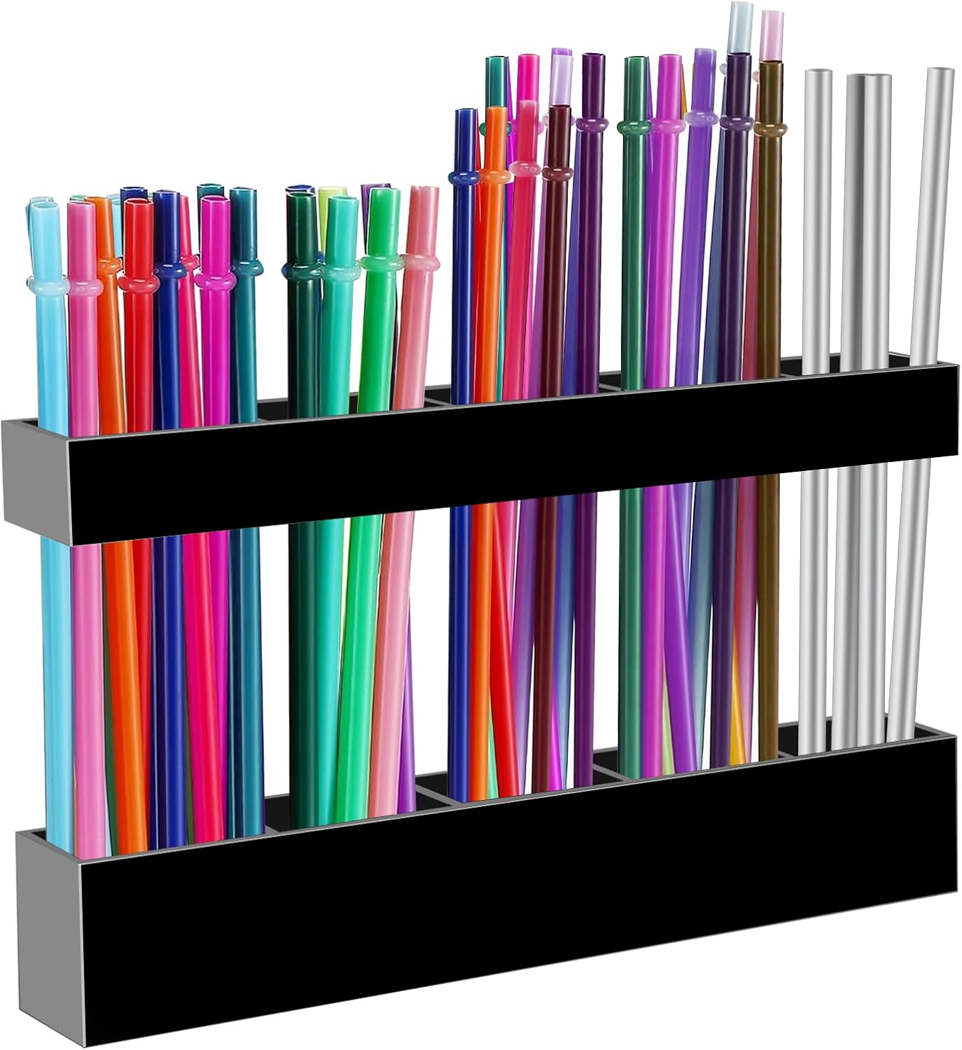 Malldii 9.5" Large Acrylic Straw Holder for Cabinet Door - Reusable Tumbler Straw Organizer Storage, Small Kitchen Accessories Container, Ultra Sticky Cupboard Door Mounted (Black)