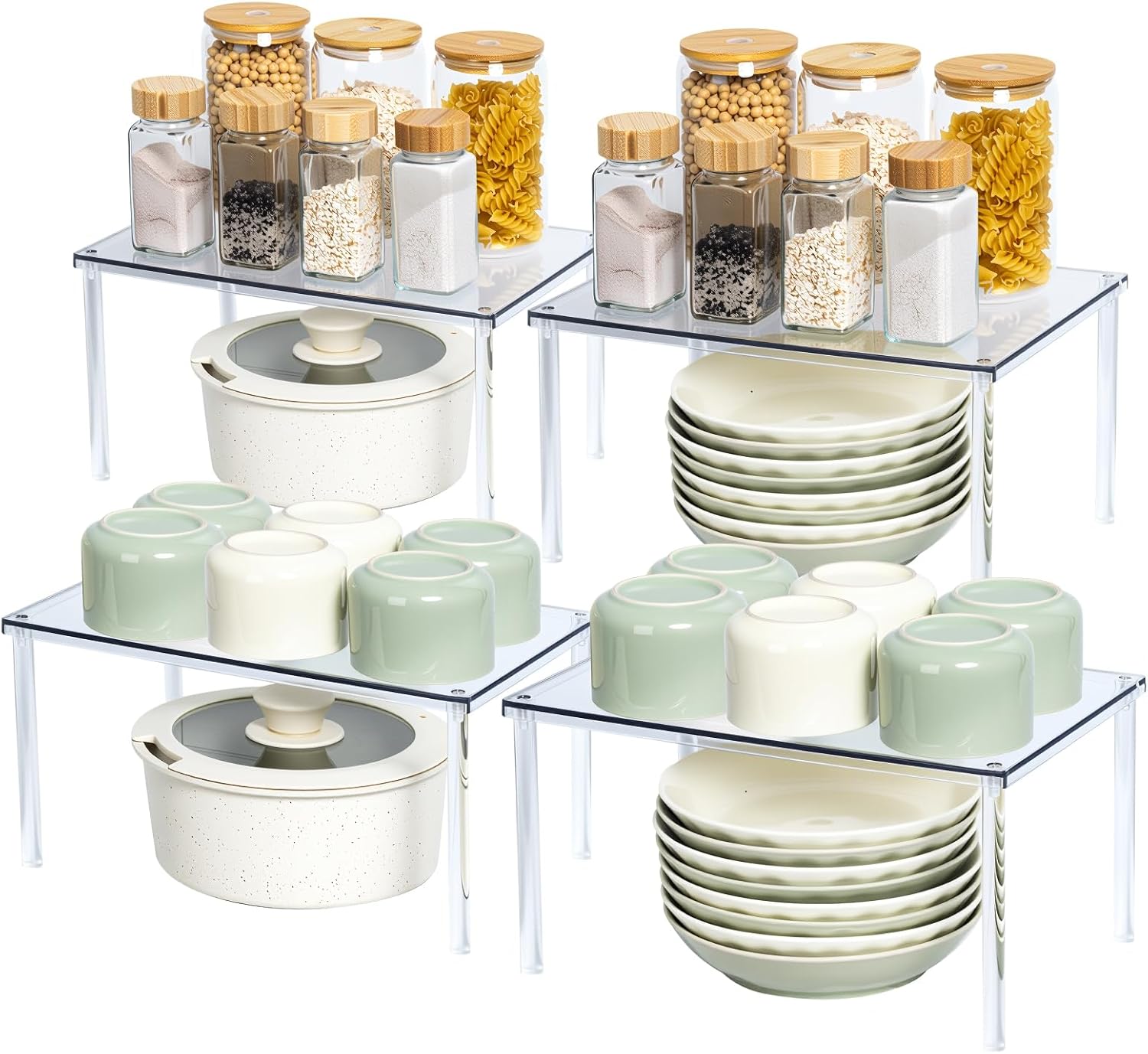 Bobomoment Acrylic Cabinet Organizer, Set of 4 Spice Rack Organizer for Cabinet, Desk Countertop Shelf Organizer, Pantry Kitchen Storage and Organization, Stackable Shelves House Essentials for Gift