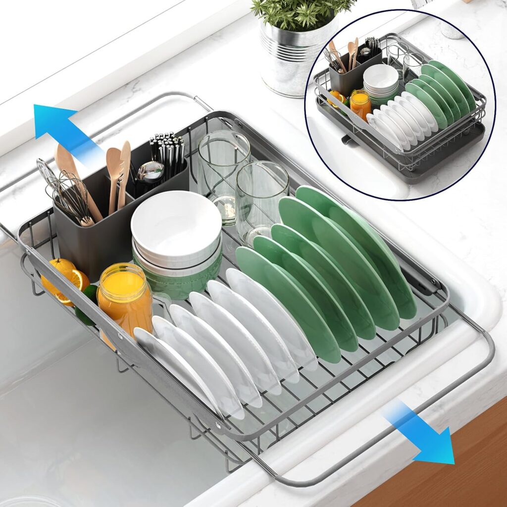 Kitsure Dish Drying Rack for Kitchen Counter, Stainless Steel Sink Organization and Storage Essentials with Cutlery Holder, Home and Appartment Decor, 12.2''W x 15.7''~23''L, Grey