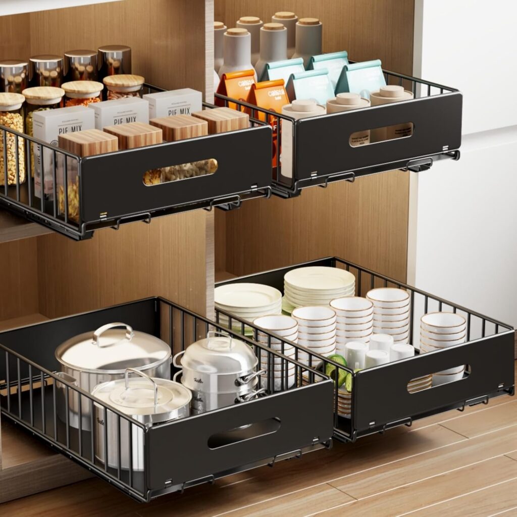 Mustorn 2 Pack Pull Out Cabinet Organizer, Slide Out Drawers for Cabinets, Peel and Stick, Heavy Duty Shelves for Kitchen, Cupboard, Pantry, Bathroom (16.5"D*11.8"W*3.94"H-Black)