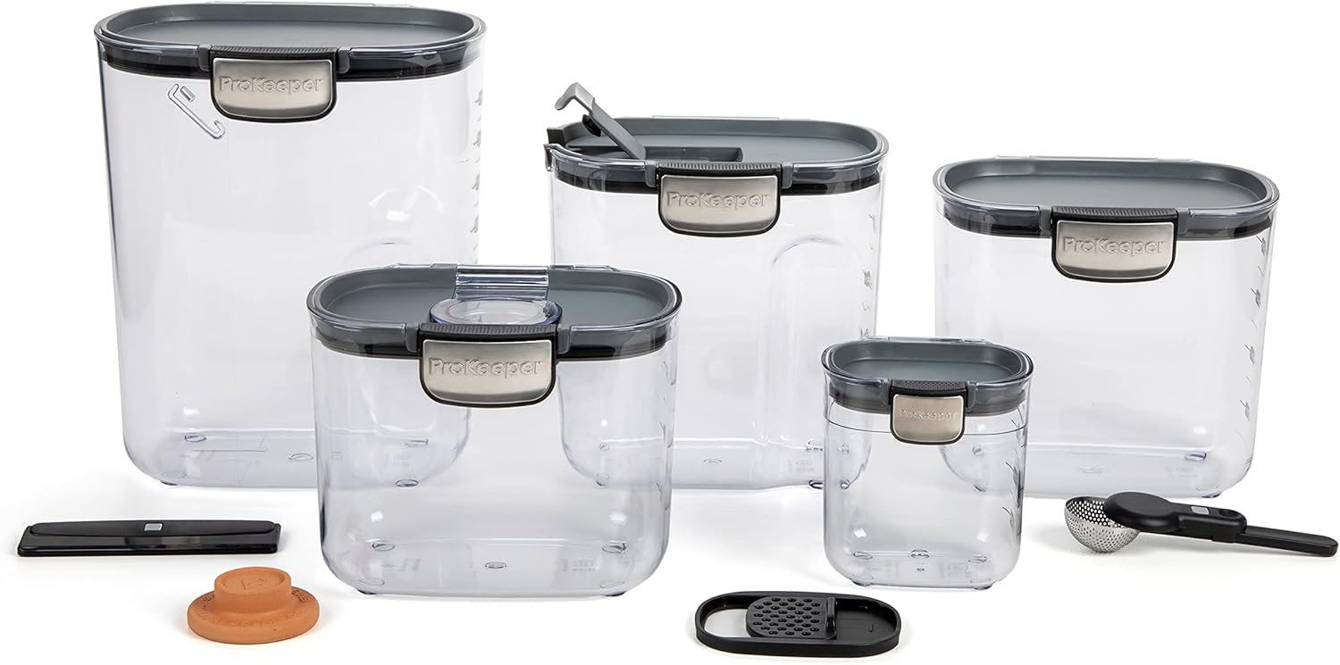 ProKeeper+ Airtight Food Storage Container Set  Clear Plastic Flour and Sugar Canister Set with Magnetic Accessories for Kitchen Organization (Grey, 9-Piece)