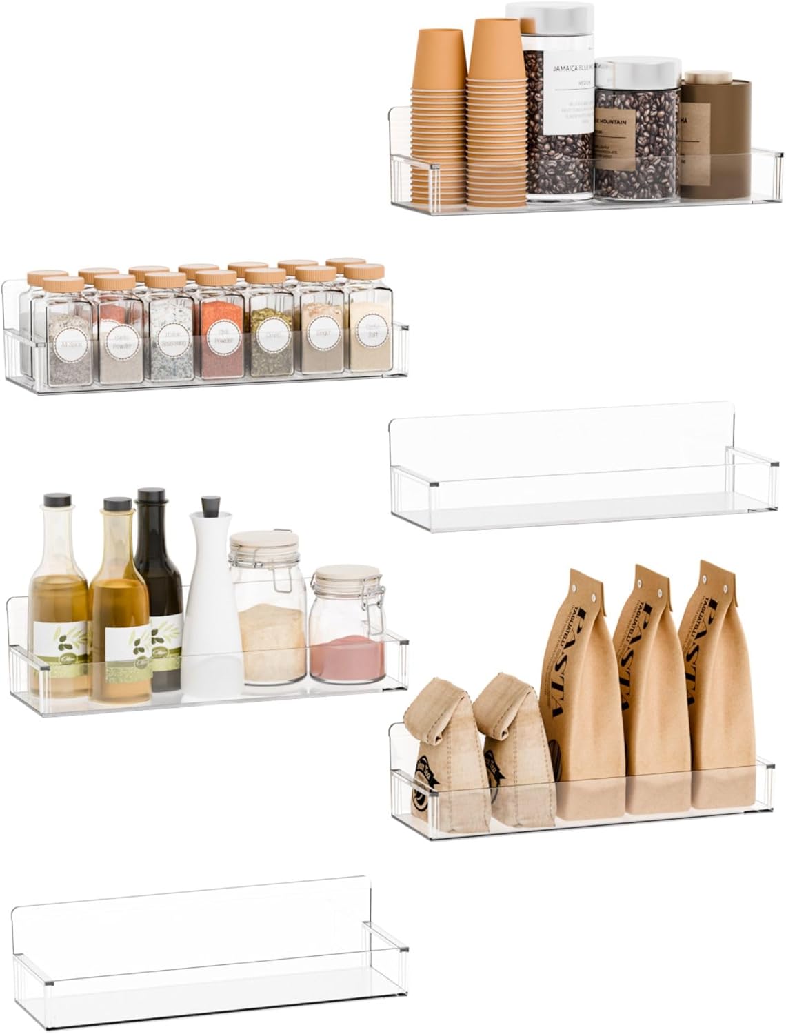Yieach 6 Pack Acrylic Spice Shelf and Hanging Spice Rack Wall Mount with Adhesive for Inside Cabinets Door,Pantry Door,Kitchen and Rv,Narrow Stick on Spice Organization for Seasoning,Jar,Can Shelf