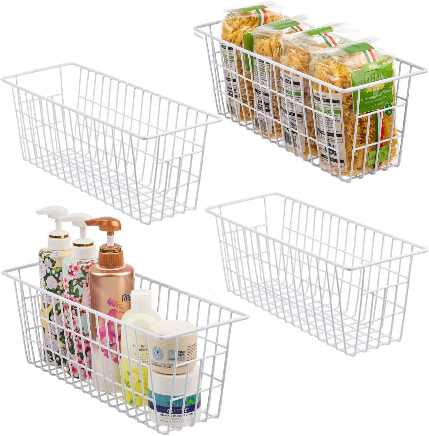 iPEGTOP Freezer Baskets, Set of 4 Farmhouse Metal Wire Basket Freezer Storage Wire Baskets Organizer Wire Storage Basket for Kitchen Pantry Organizer Bins (White)