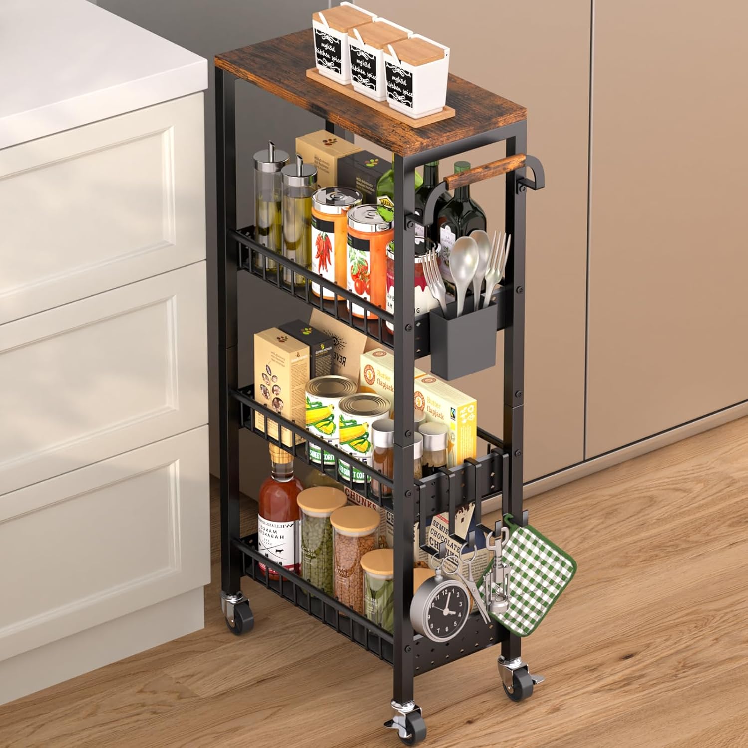 DTUQYX Slim Rolling Storage Cart, 4 Tier Small Organizer Cart with Wheels, Metal Utility Shelf Kitchen Bathroom Laundry Room Organization Trolley with Handle for Narrow Space (Carbon Black, 9.1" W)