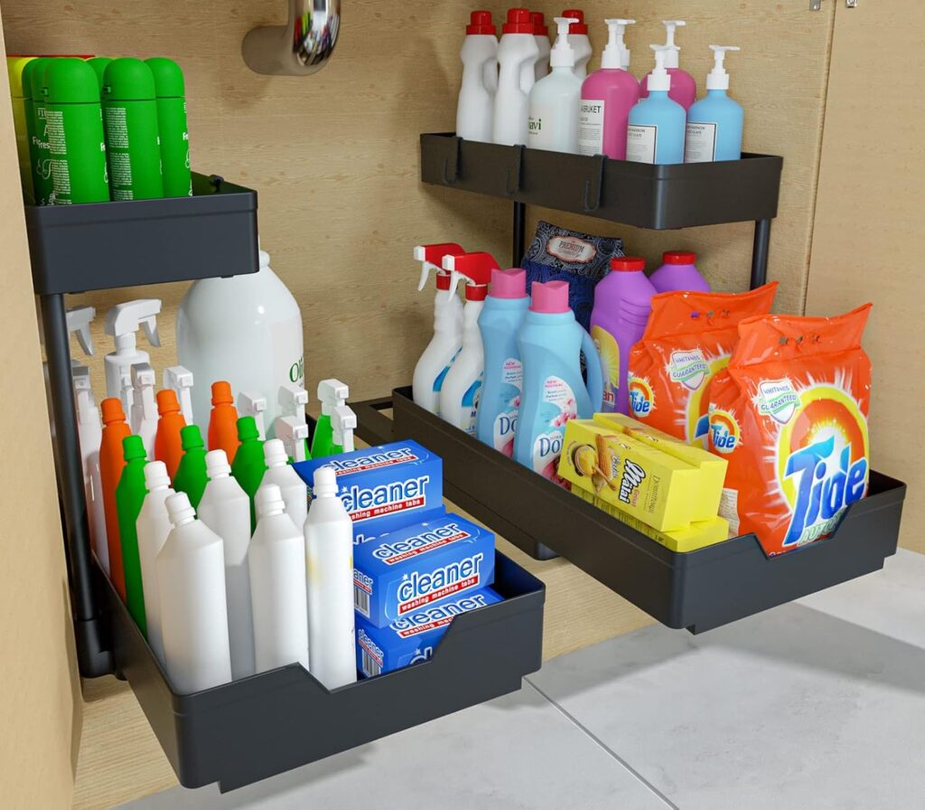 NATURE'S SOURCE 2 Pack Under Sink Organizer 2 Tier Sliding Cabinet Organizers Multi-Purpose Sink Storage Basket L-Shape Narrow Space Storage Shelves with 4 Hook for Kitchen Bathroom Drawer, Black