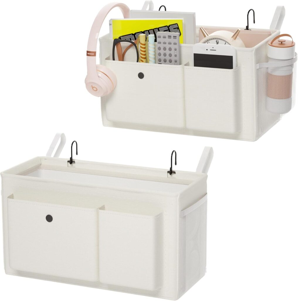 Edudif Bedside Caddy Bedside Organizer with Fixed Straps & Water Bottle Holder, Bunk Bed Caddy ideal for Home, Dorm, Hospital, Crib, Versatile Bedside Storage Solution (White 2pcs)