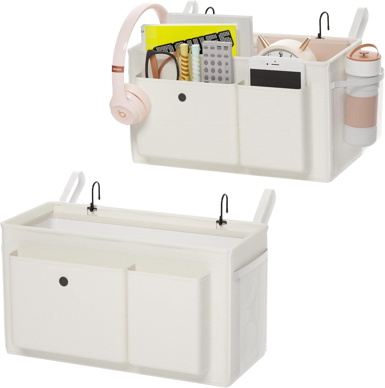 Edudif Bedside Caddy Bedside Organizer with Fixed Straps & Water Bottle Holder, Bunk Bed Caddy ideal for Home, Dorm, Hospital, Crib, Versatile Bedside Storage Solution (White 2pcs)