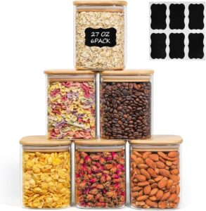 ComSaf 0.8 Qt Glass Food Storage Jars Set of 6, Clear Storage Containers with Airtight Lids, Pantry Organization Jar, Spice Jar, Blooming Tea, Oat, Coffee and Sugar Container, Canister Set for Kitchen