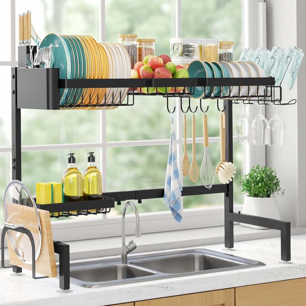 Sakugi Over The Sink Dish Drying Rack - Adjustable 2 Tier X-Large Capacity Stainless Steel Drainer with Cutlery & Utensil Holders, Kitchen Storage & Organization, 31.5"-39.5"L x 12"W x 24.5"H, Black