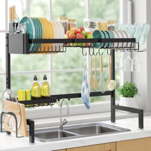 Sakugi Over The Sink Dish Drying Rack - Adjustable 2 Tier X-Large Capacity Stainless Steel Drainer with Cutlery & Utensil Holders, Kitchen Storage & Organization, 31.5"-39.5"L x 12"W x 24.5"H, Black