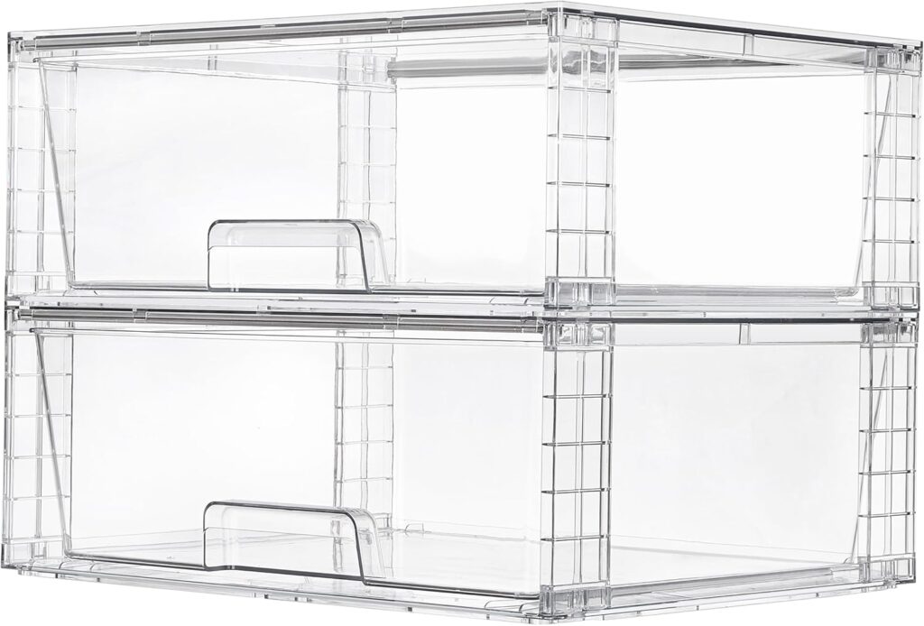 Vtopmart 2 Pack Large Stackable Storage Drawers,Easily Assemble Clear Acrylic Bathroom Closet Undersink Organizers,Plastic Storage Bins for Cabinet,Kitchen Pantry,Medicine Organization