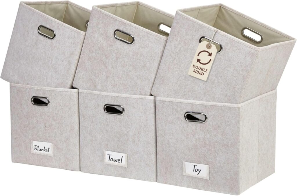 DECOMOMO Felt Storage Bins, 13 inch Cube Storage Bins with Labels for Organization (Cube 13" / 6pcs, Beige)