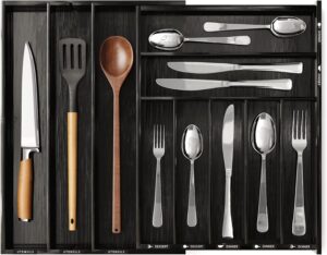 SpaceAid Bamboo Silverware Drawer Organizer with Labels, Kitchen Utensil Expandable Tray Holder Organizer for Flatware, Cutlery, Spoon and Knives Drawer Storage Organization (Black, 10 Slots)