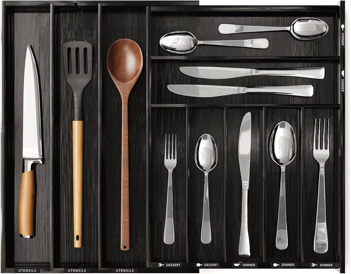 SpaceAid Bamboo Silverware Drawer Organizer with Labels, Kitchen Utensil Expandable Tray Holder Organizer for Flatware, Cutlery, Spoon and Knives Drawer Storage Organization (Black, 10 Slots)