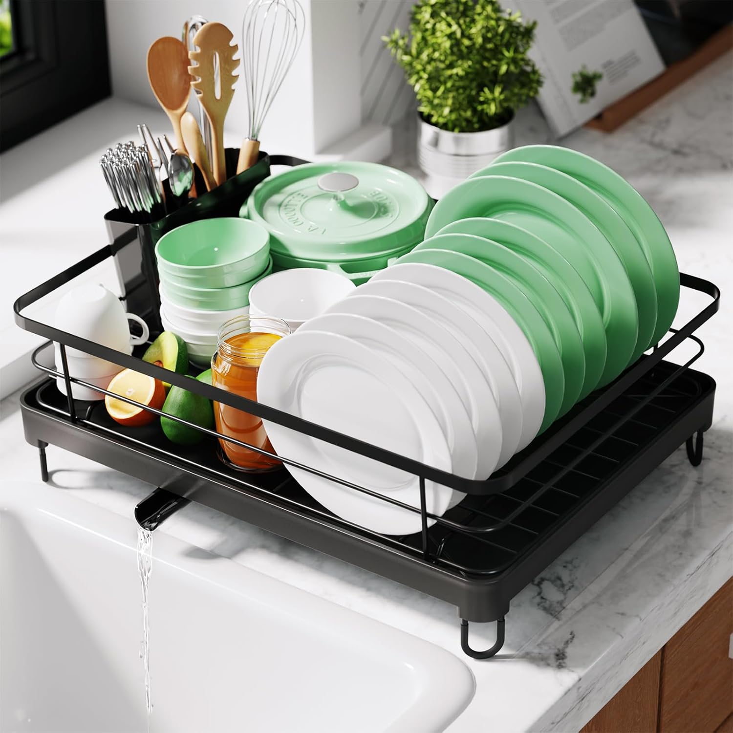 Kitsure Dish Drying Rack for Kitchen Counter, Stainless Steel Sink Organization and Storage Essentials with Cutlery Holder, Home and Appartment Decor, 12.7''W x 16.7''L, Black
