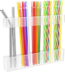 Straw Holder for Cabinet Door, 9.45Large Acrylic Reusable Tumbler Straw Organizer Storage Dispenser with Double Sided Adhesive,Under Cabinet & Wall Mount Drinking Straw Storage, Easy to Install